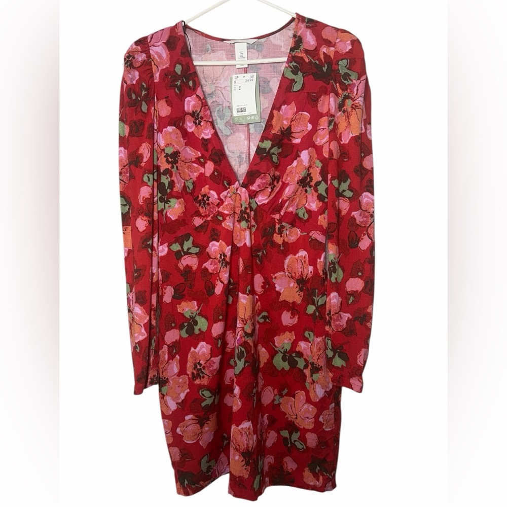 H&M Dress Women’s  M Red Floral Long Sleeve New With Tags